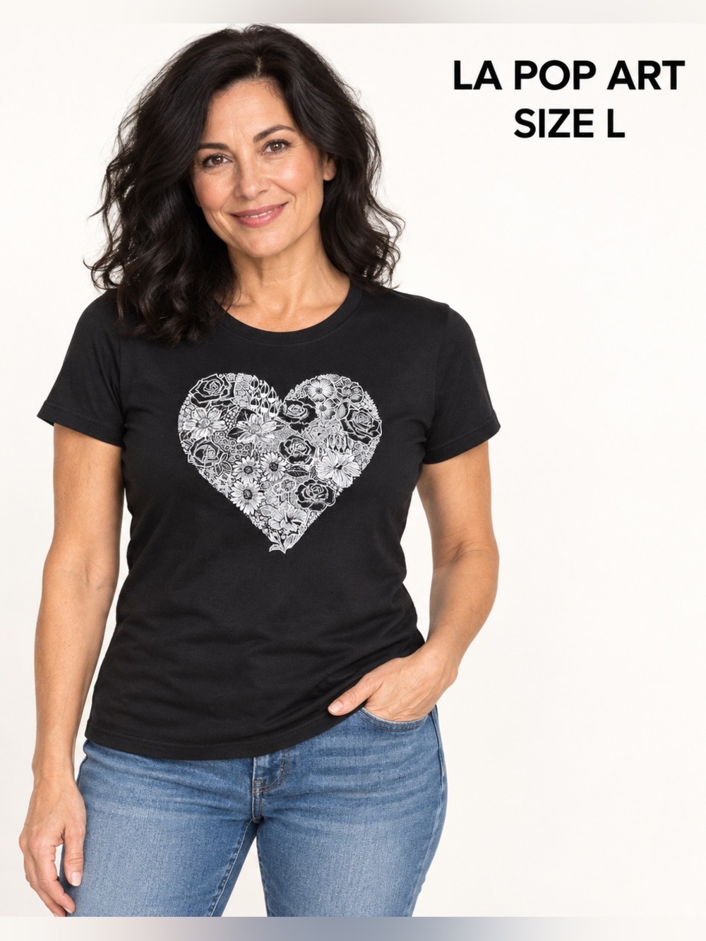 LA Pop Art Women’s Size L Black Floral Heart Word Art Graphic T-Shirt NWT boho